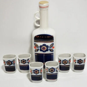 Vintage  Set Damask Ceramics Wine Glasses/Cups/Bottle 60-70s Handpainted Russia